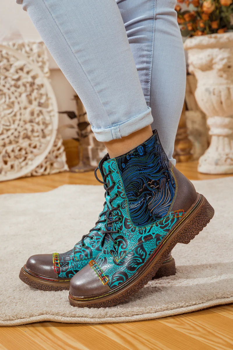 SOFFIA | PEACOCK FEATHER EMBOSSED LEATHER COMBAT BOOT - Image 4