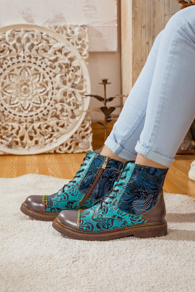 SOFFIA | PEACOCK FEATHER EMBOSSED LEATHER COMBAT BOOT - Image 5