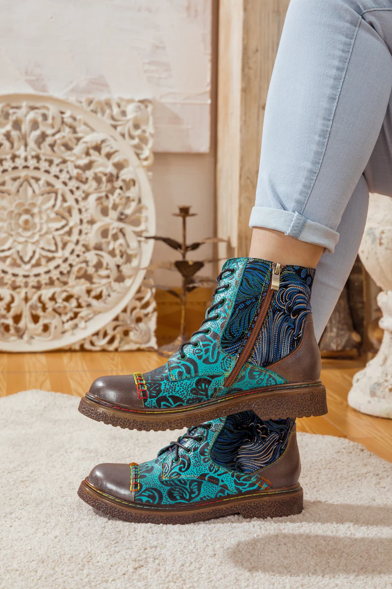 SOFFIA | PEACOCK FEATHER EMBOSSED LEATHER COMBAT BOOT - Image 6