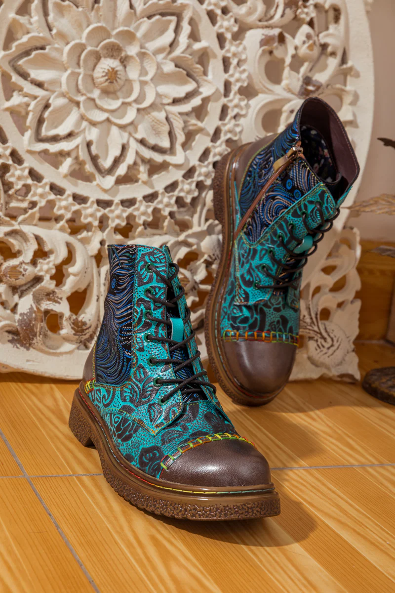 SOFFIA | PEACOCK FEATHER EMBOSSED LEATHER COMBAT BOOT - Image 7