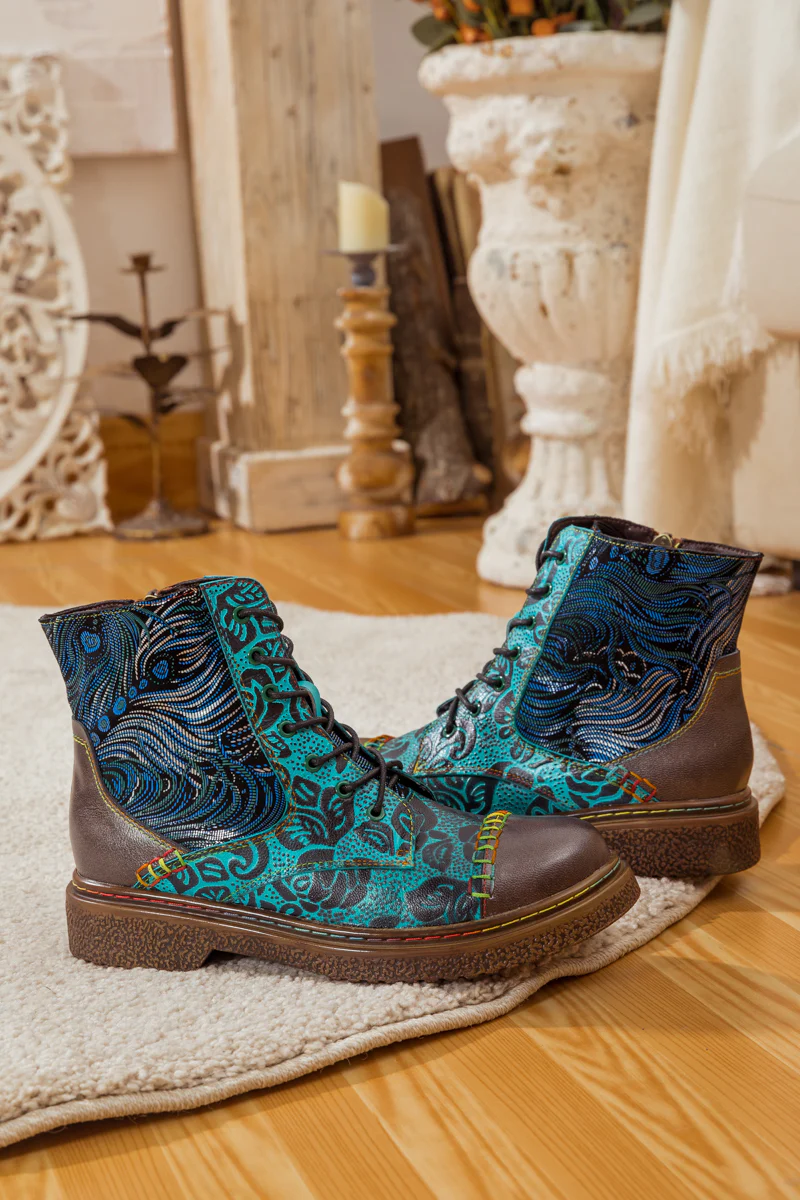 SOFFIA | PEACOCK FEATHER EMBOSSED LEATHER COMBAT BOOT - Image 8