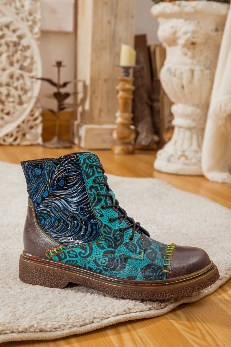 SOFFIA | PEACOCK FEATHER EMBOSSED LEATHER COMBAT BOOT - Image 9