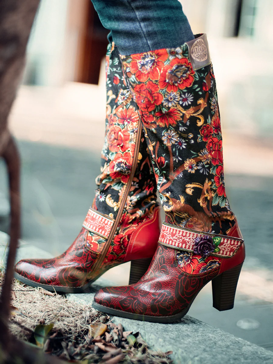 SOFFIA | Genuine Leather Peony Paisley Boho Knee Boots - Image 4