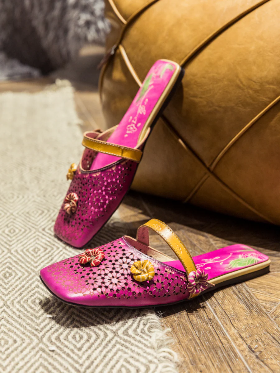 SOFFIA | Perforated Floral Appliqued Leather Sandal - Purple