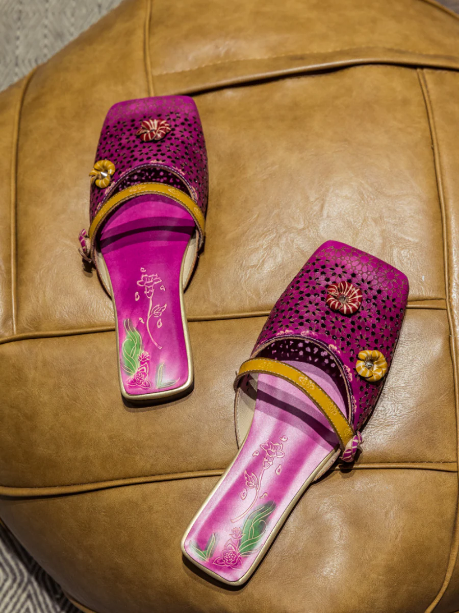 SOFFIA | Perforated Floral Appliqued Leather Sandal - Purple - Image 2