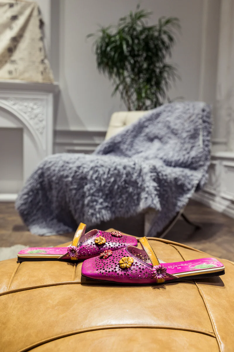 SOFFIA | Perforated Floral Appliqued Leather Sandal - Purple - Image 8