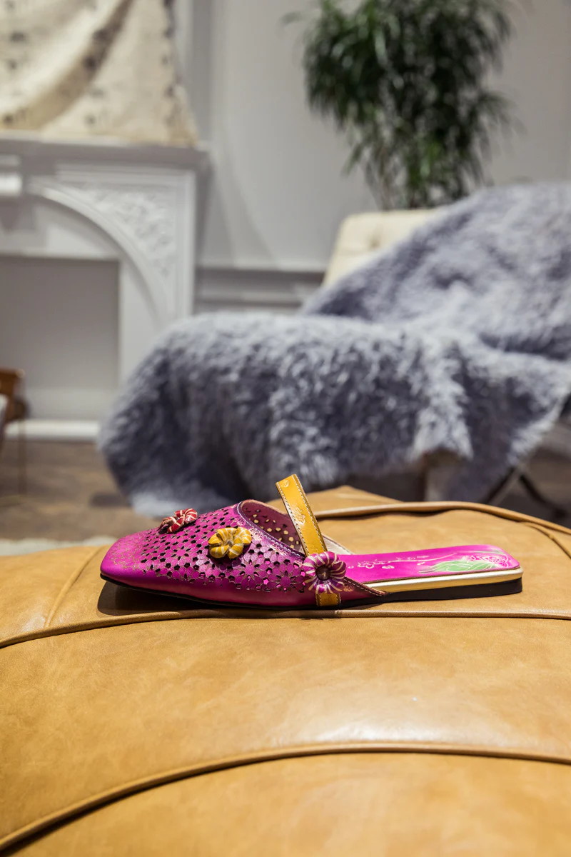 SOFFIA | Perforated Floral Appliqued Leather Sandal - Purple - Image 9