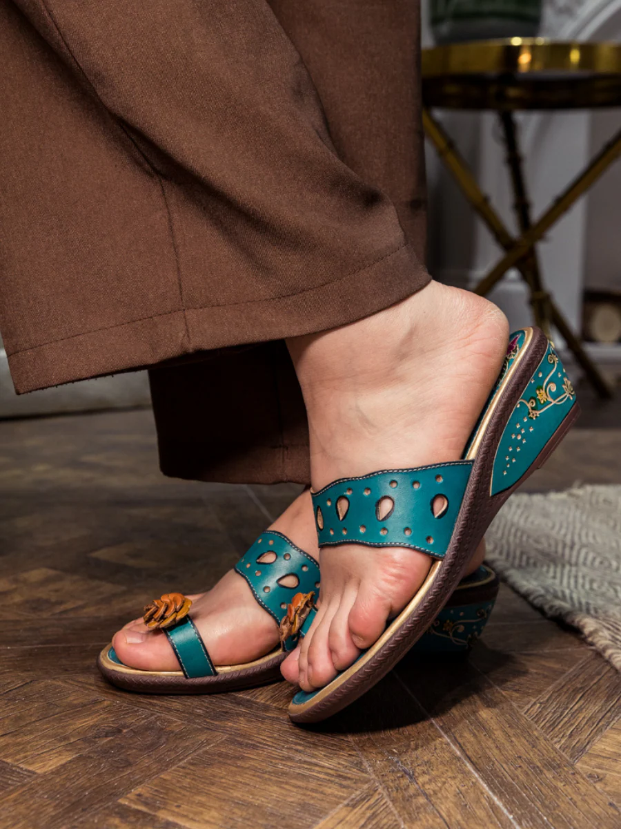 SOFFIA | Genuine Leather Pine Ring Toe Perforated Floral Sandals - Teal - Image 3