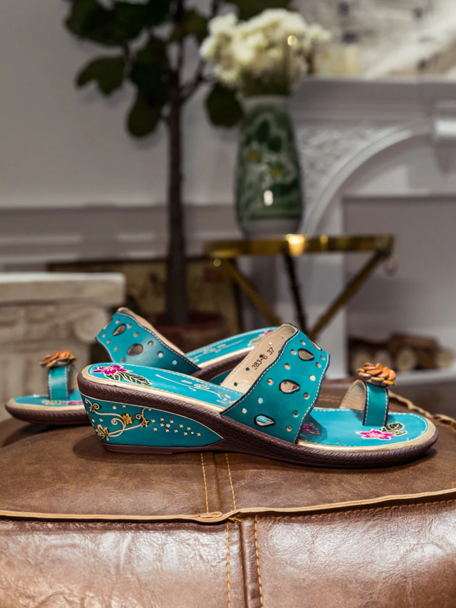 SOFFIA | Genuine Leather Pine Ring Toe Perforated Floral Sandals - Teal - Image 6
