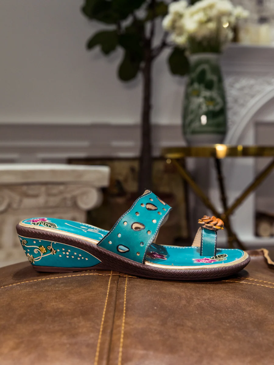 SOFFIA | Genuine Leather Pine Ring Toe Perforated Floral Sandals - Teal - Image 7