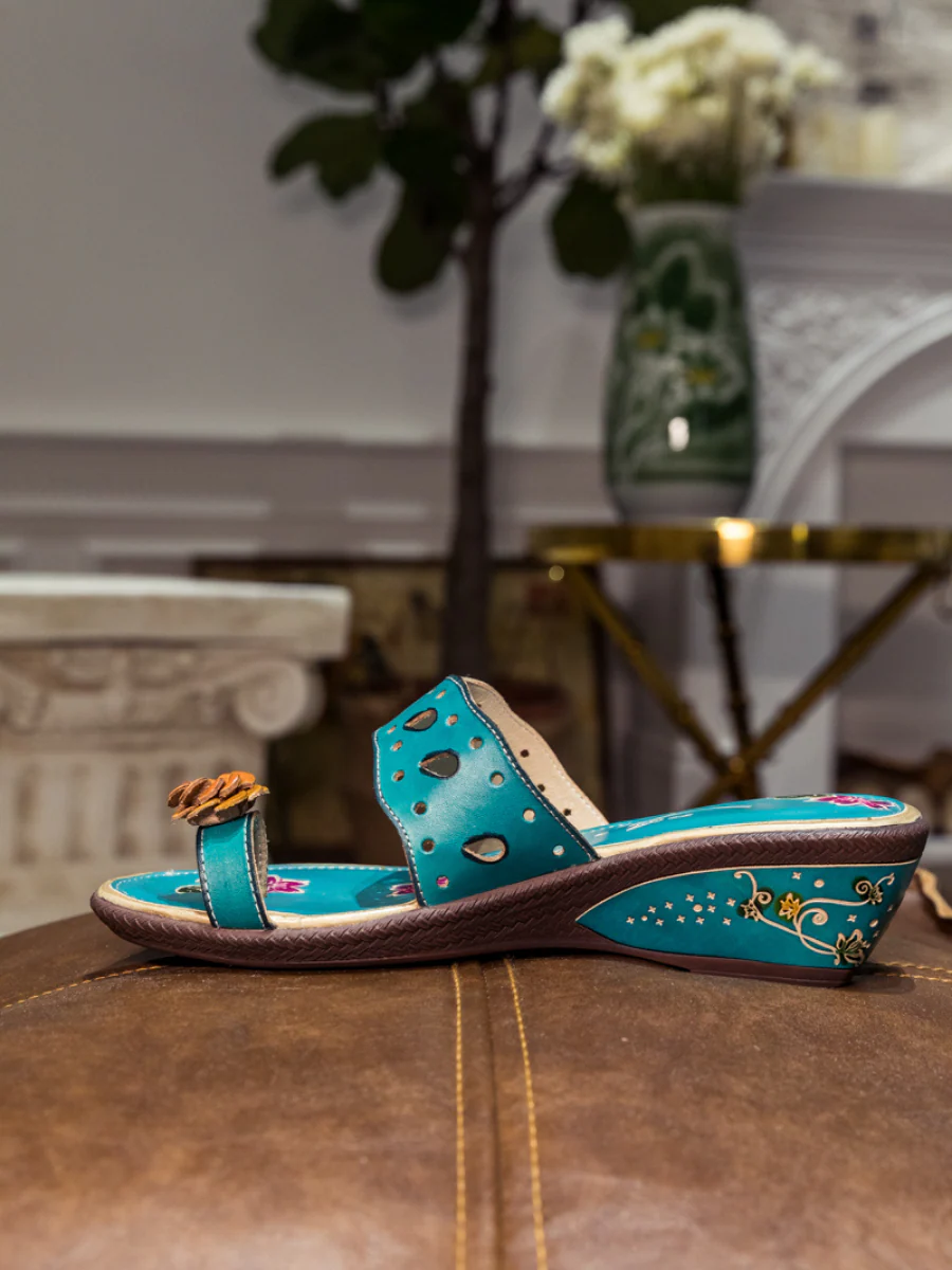 SOFFIA | Genuine Leather Pine Ring Toe Perforated Floral Sandals - Teal - Image 8