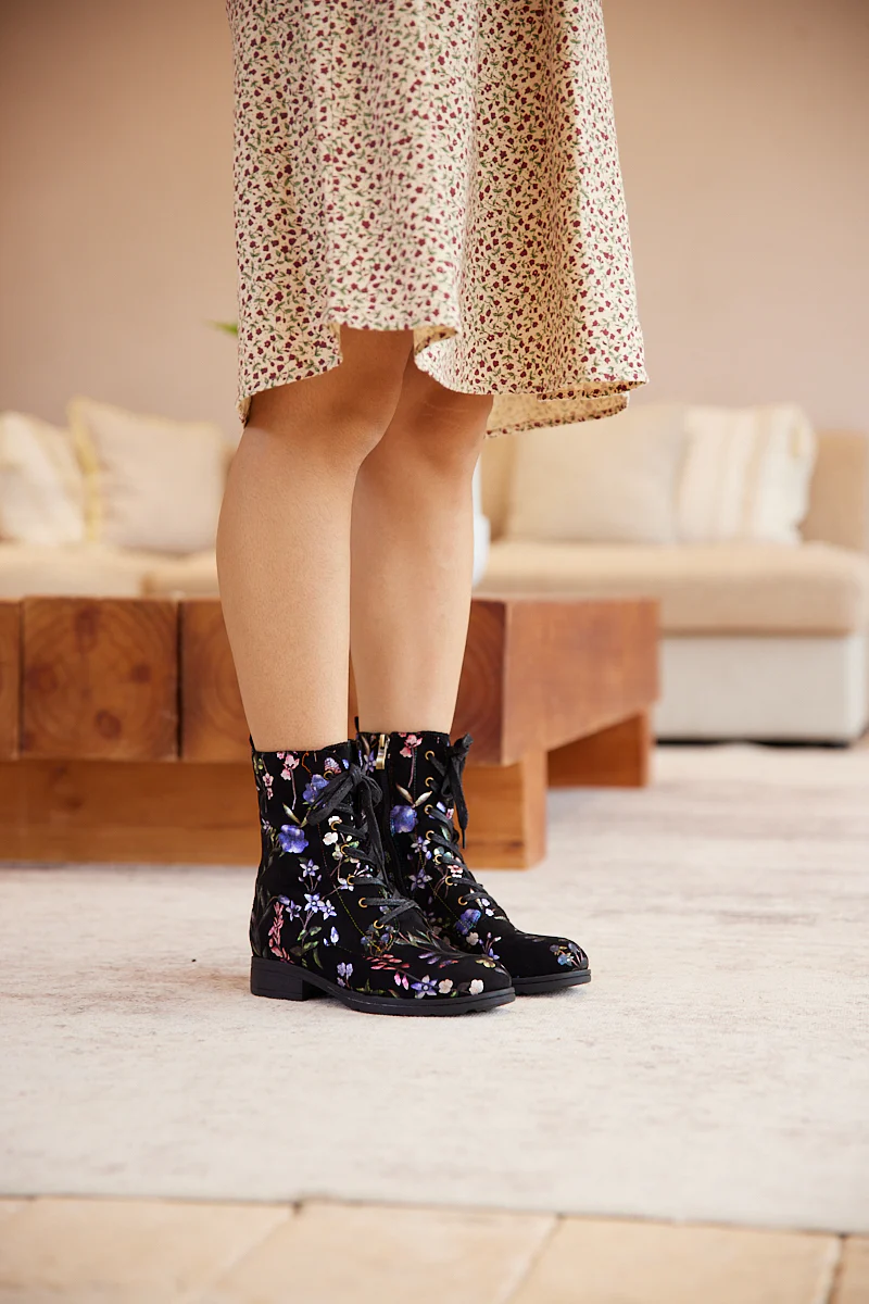 Soffia | Plum Blossom Thermoprint Combat Boots - Blue - Image 4