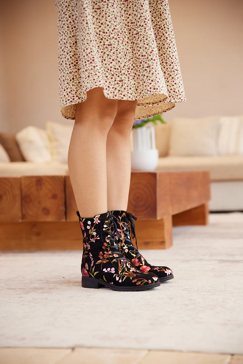 Soffia | Plum Blossom Thermoprint Combat Boots - Red - Image 2