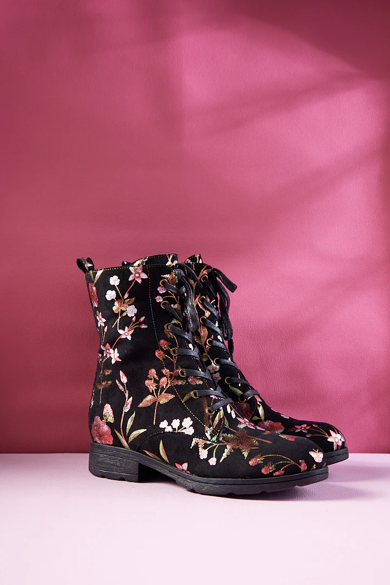 Soffia | Plum Blossom Thermoprint Combat Boots - Red - Image 7