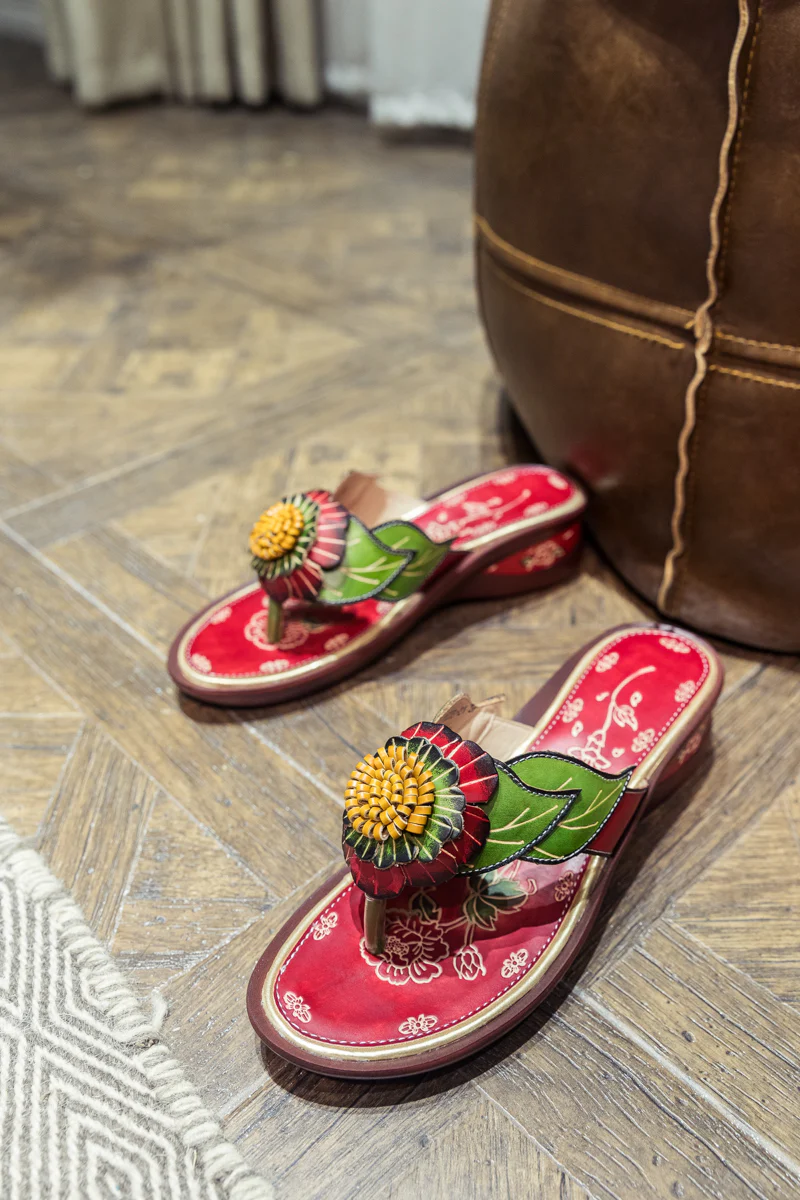 SOFFIA | Genuine Leather Plumeria Appliqued Flip Flop Low Heel Sandals - Red - Image 10