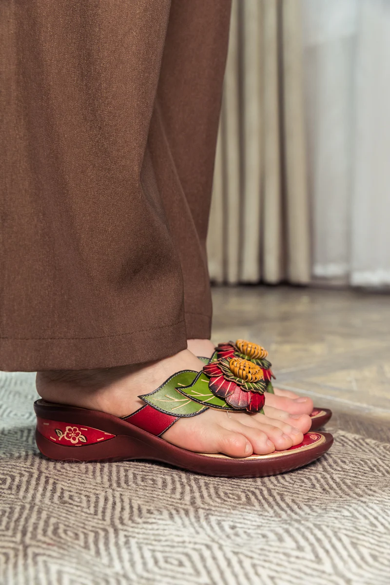SOFFIA | Genuine Leather Plumeria Appliqued Flip Flop Low Heel Sandals - Red - Image 4