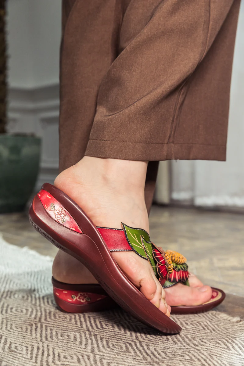 SOFFIA | Genuine Leather Plumeria Appliqued Flip Flop Low Heel Sandals - Red - Image 5
