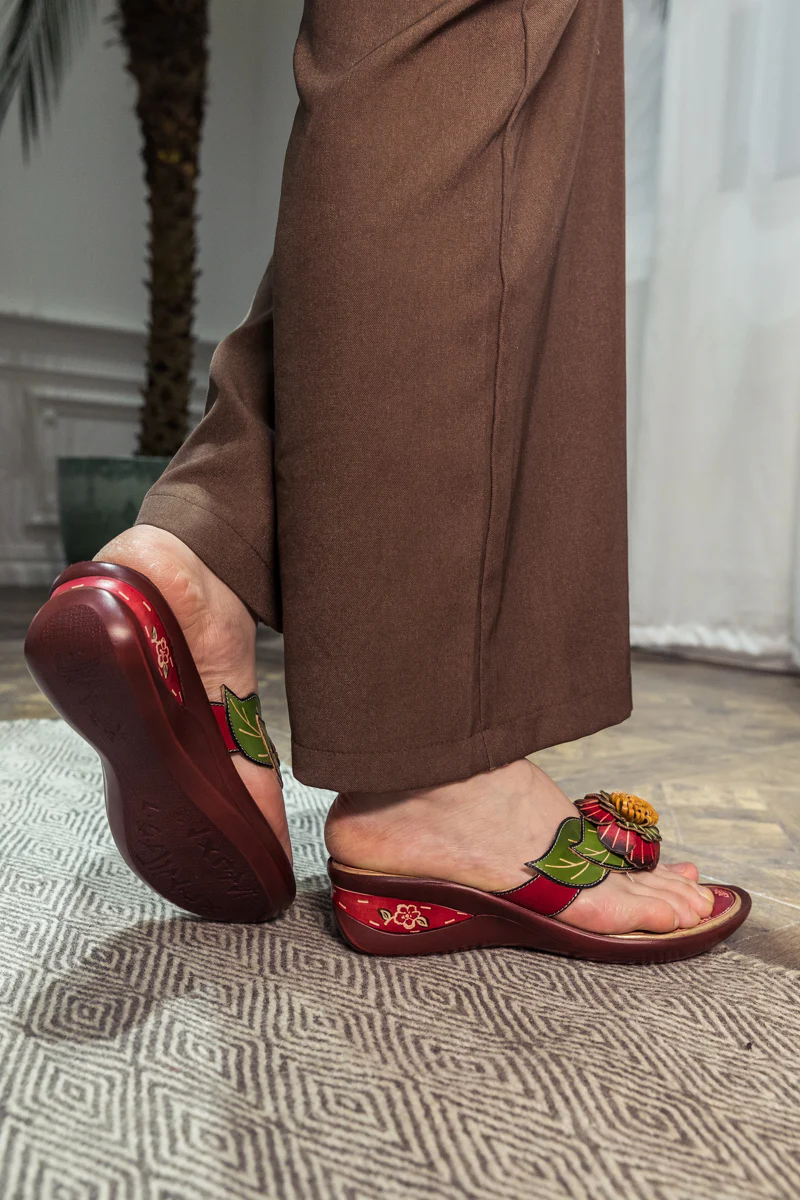 SOFFIA | Genuine Leather Plumeria Appliqued Flip Flop Low Heel Sandals - Red - Image 6