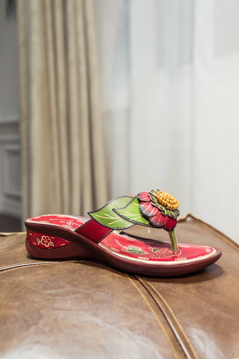 SOFFIA | Genuine Leather Plumeria Appliqued Flip Flop Low Heel Sandals - Red - Image 7