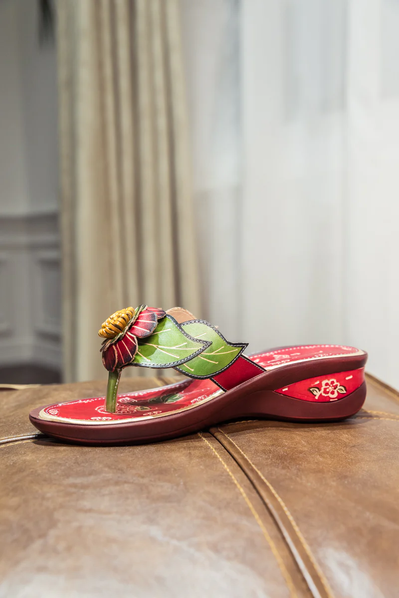SOFFIA | Genuine Leather Plumeria Appliqued Flip Flop Low Heel Sandals - Red - Image 8