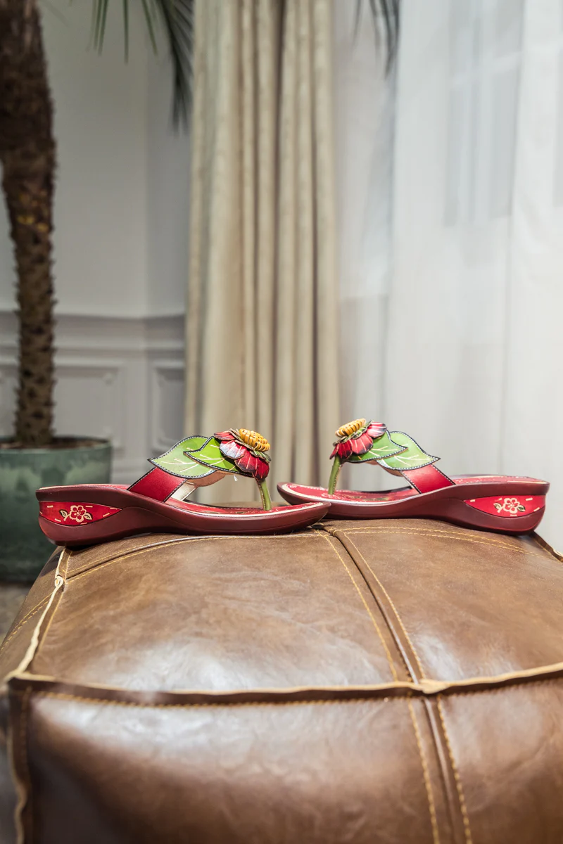 SOFFIA | Genuine Leather Plumeria Appliqued Flip Flop Low Heel Sandals - Red - Image 9