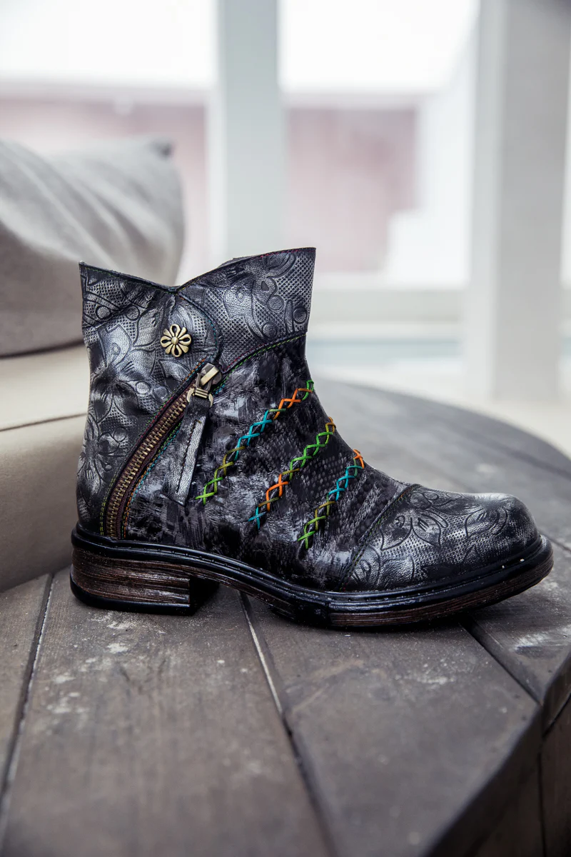 SOFFIA | Genuine Leather Rainbow Stitch Floral Embossed Ankle Boots - Image 10