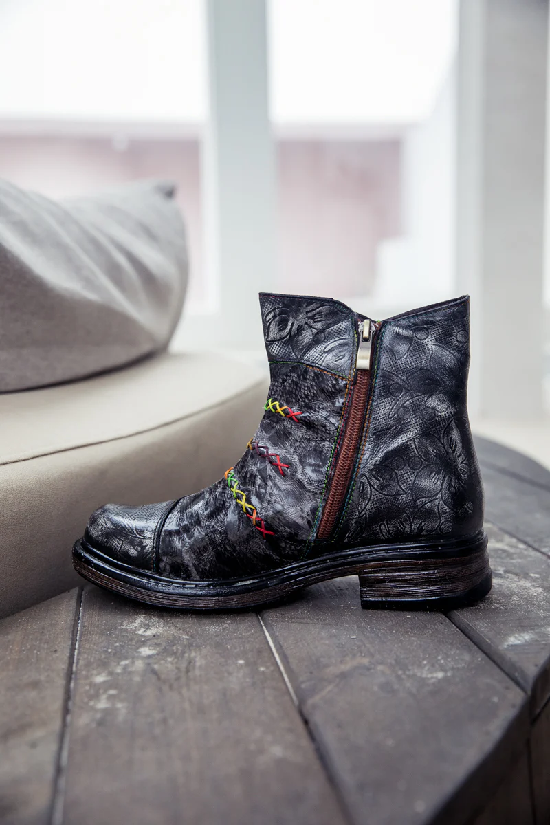 SOFFIA | Genuine Leather Rainbow Stitch Floral Embossed Ankle Boots - Image 11