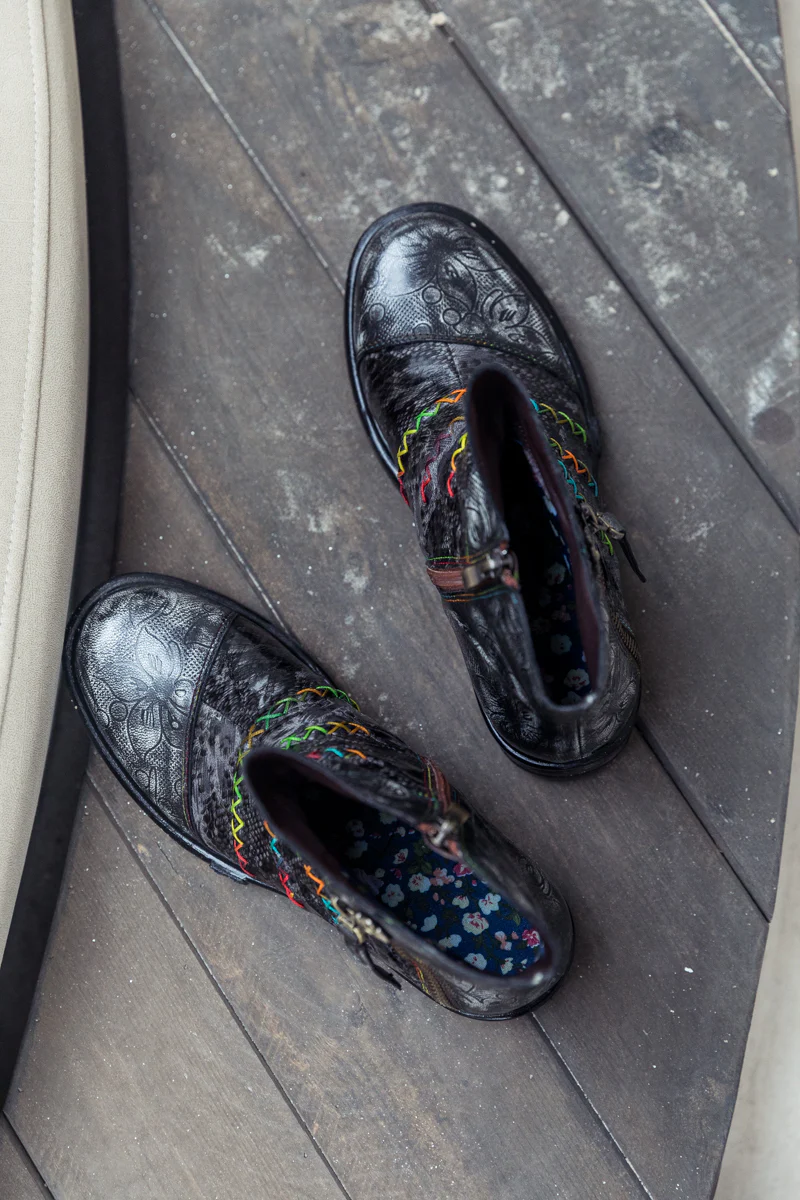 SOFFIA | Genuine Leather Rainbow Stitch Floral Embossed Ankle Boots - Image 12