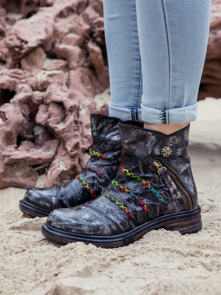 SOFFIA | Genuine Leather Rainbow Stitch Floral Embossed Ankle Boots - Image 2