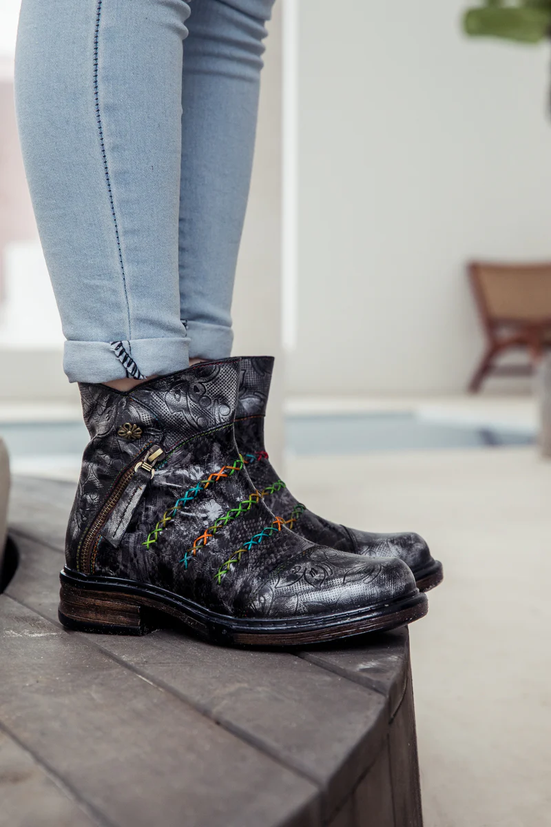 SOFFIA | Genuine Leather Rainbow Stitch Floral Embossed Ankle Boots - Image 4