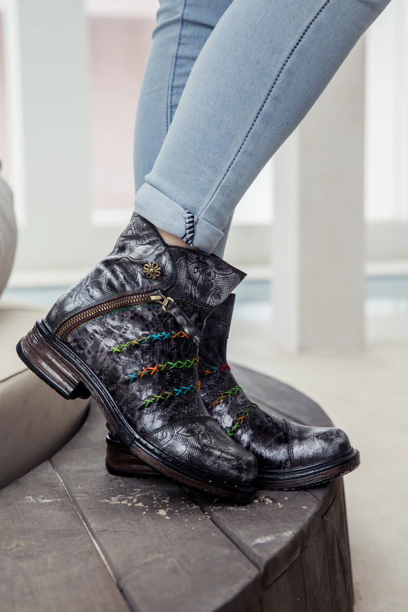 SOFFIA | Genuine Leather Rainbow Stitch Floral Embossed Ankle Boots - Image 5
