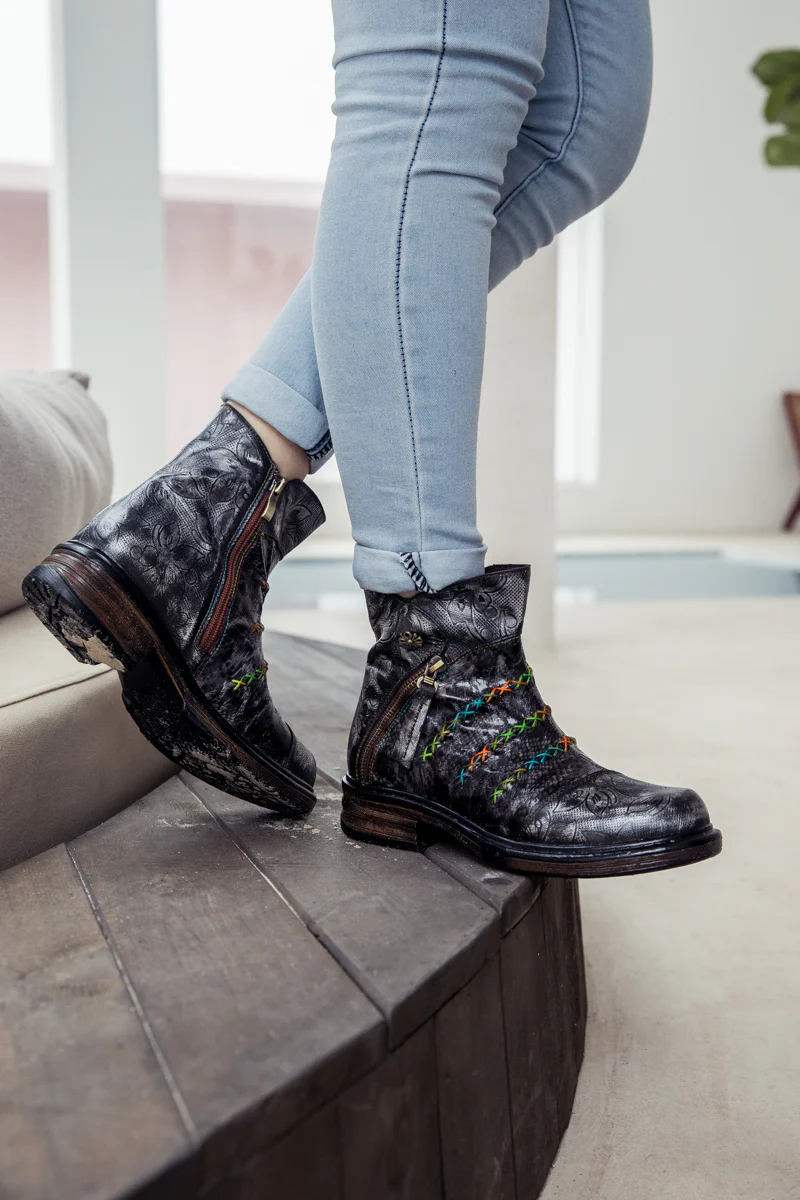 SOFFIA | Genuine Leather Rainbow Stitch Floral Embossed Ankle Boots - Image 6
