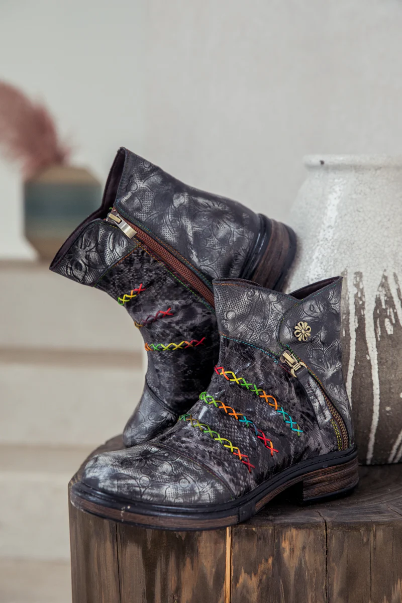 SOFFIA | Genuine Leather Rainbow Stitch Floral Embossed Ankle Boots - Image 7