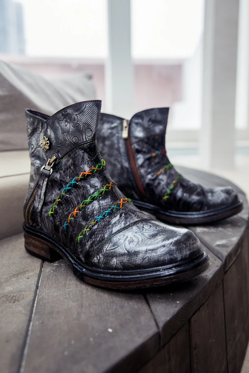 SOFFIA | Genuine Leather Rainbow Stitch Floral Embossed Ankle Boots - Image 8