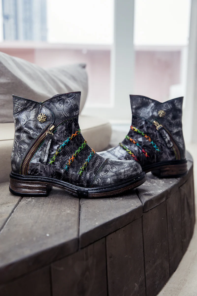 SOFFIA | Genuine Leather Rainbow Stitch Floral Embossed Ankle Boots - Image 9