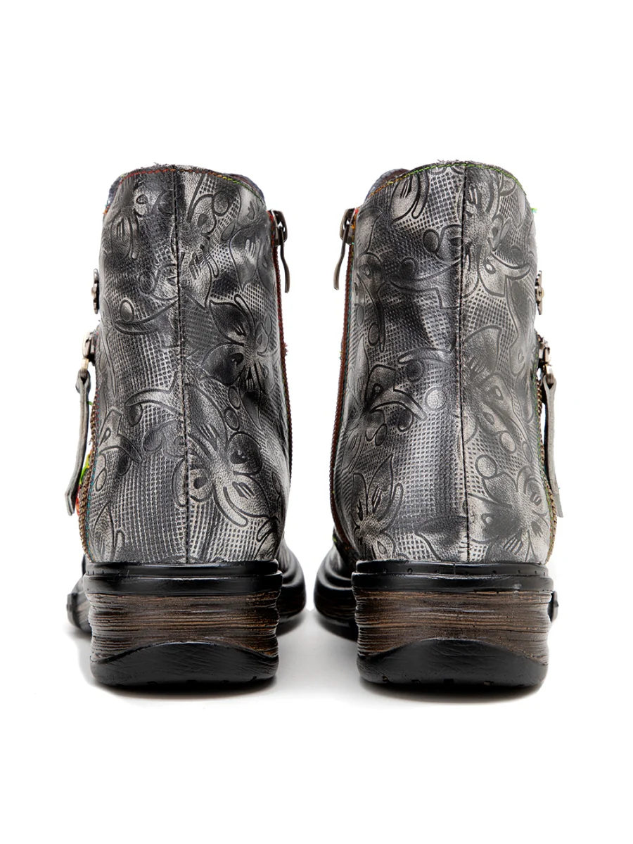 SOFFIA | Rainbow Stitch Lily Embossed Genuine Leather Ankle Boots - Image 10