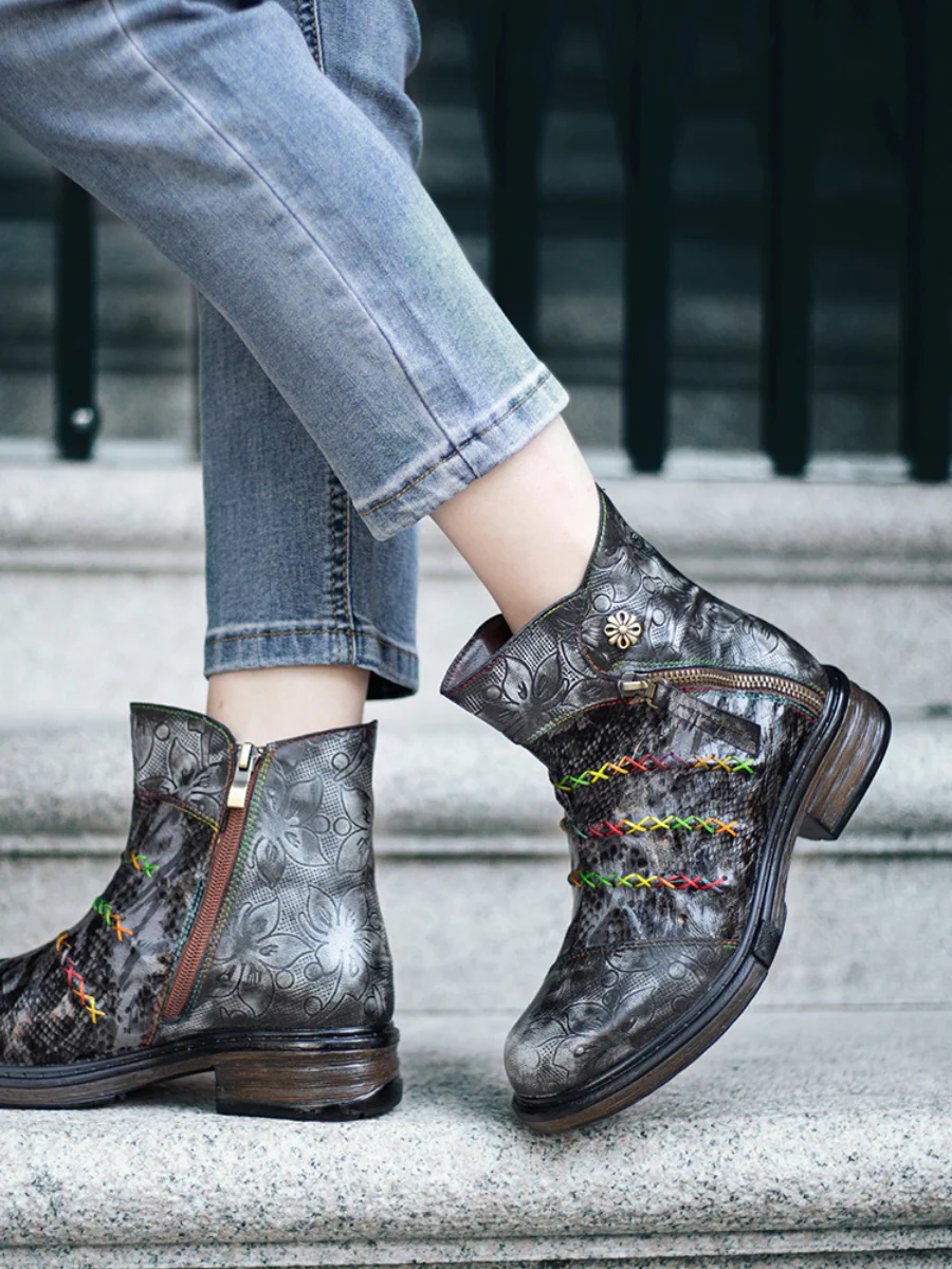 SOFFIA | Rainbow Stitch Lily Embossed Genuine Leather Ankle Boots - Image 3