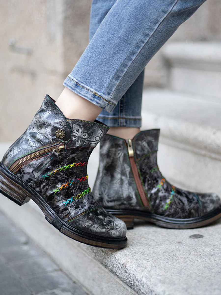 SOFFIA | Rainbow Stitch Lily Embossed Genuine Leather Ankle Boots - Image 4