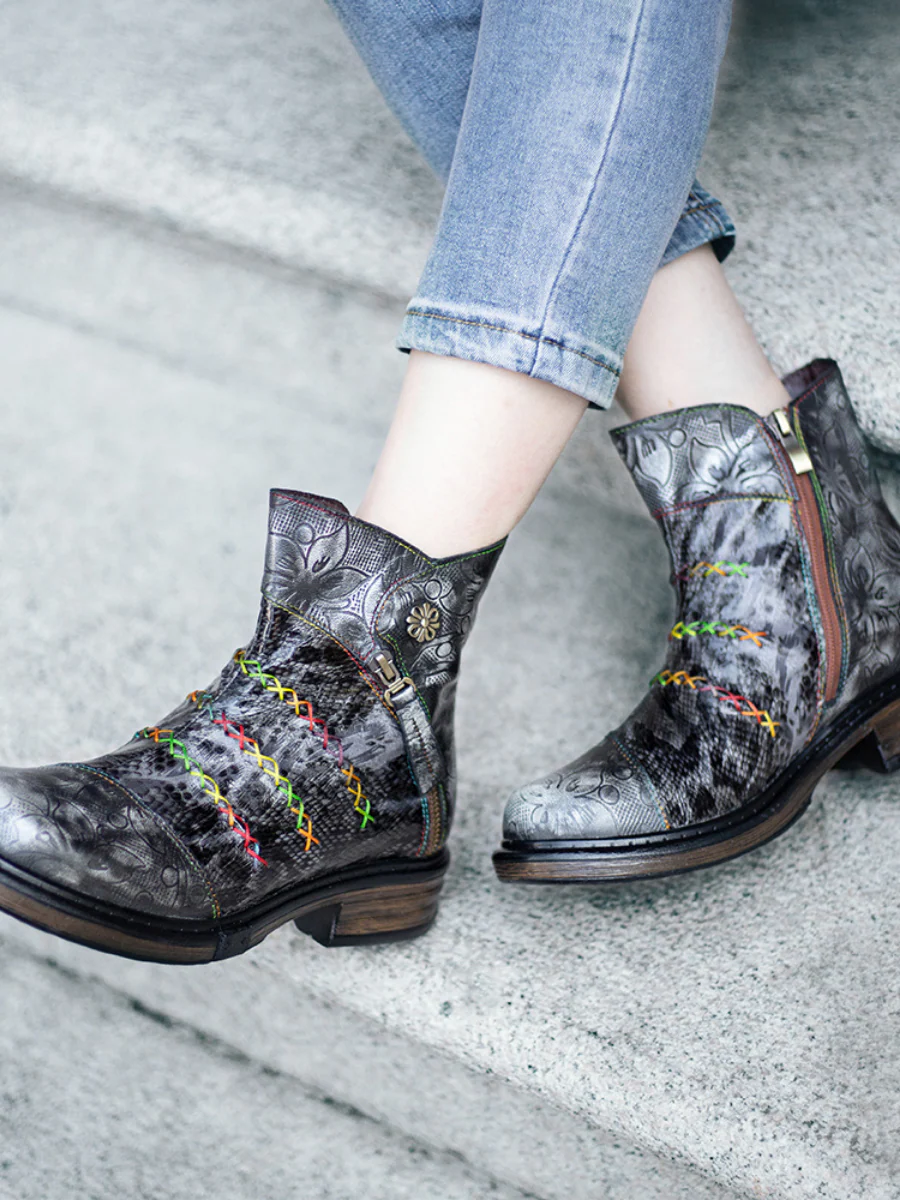 SOFFIA | Rainbow Stitch Lily Embossed Genuine Leather Ankle Boots - Image 5