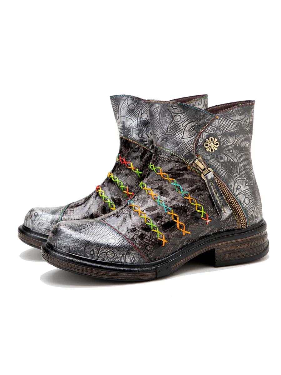 SOFFIA | Rainbow Stitch Lily Embossed Genuine Leather Ankle Boots - Image 6