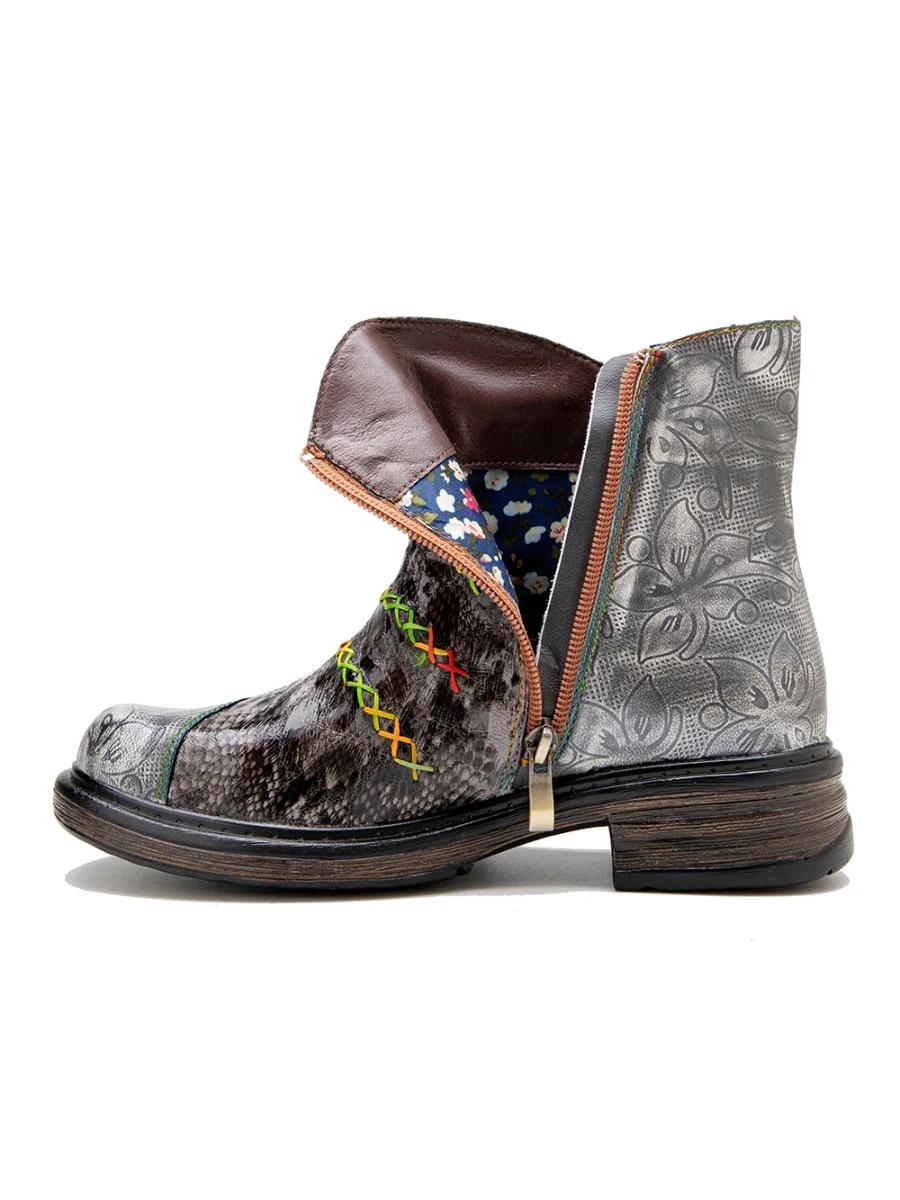SOFFIA | Rainbow Stitch Lily Embossed Genuine Leather Ankle Boots - Image 7