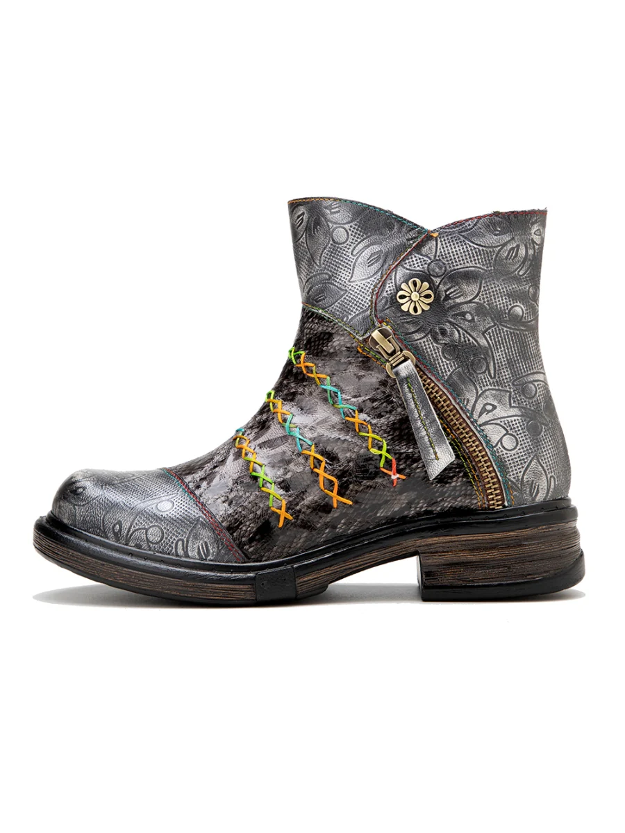SOFFIA | Rainbow Stitch Lily Embossed Genuine Leather Ankle Boots - Image 8
