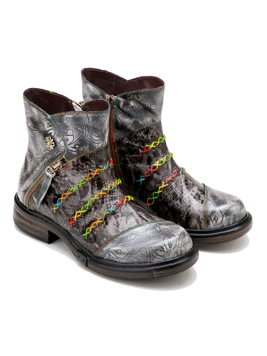 SOFFIA | Rainbow Stitch Lily Embossed Genuine Leather Ankle Boots - Image 9