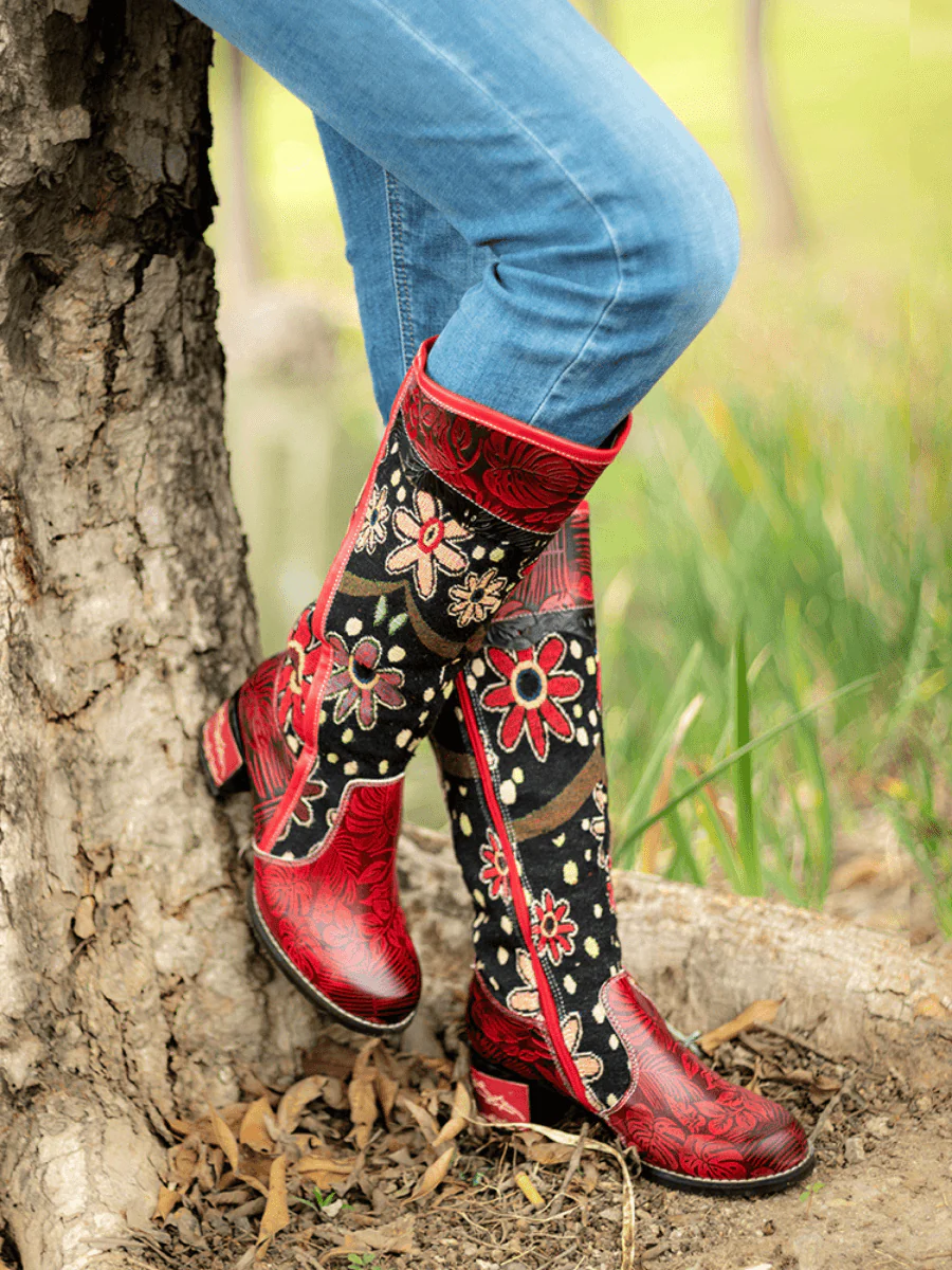 Soffia | Genuine Leather Blossom Tie-Accent Leather Knee Boots - Image 3