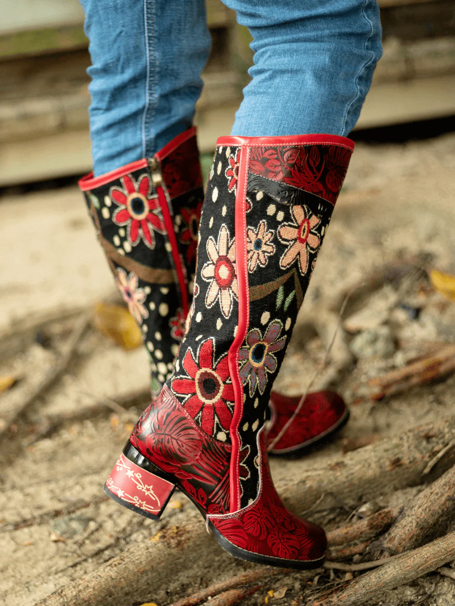 Soffia | Genuine Leather Blossom Tie-Accent Leather Knee Boots - Image 4