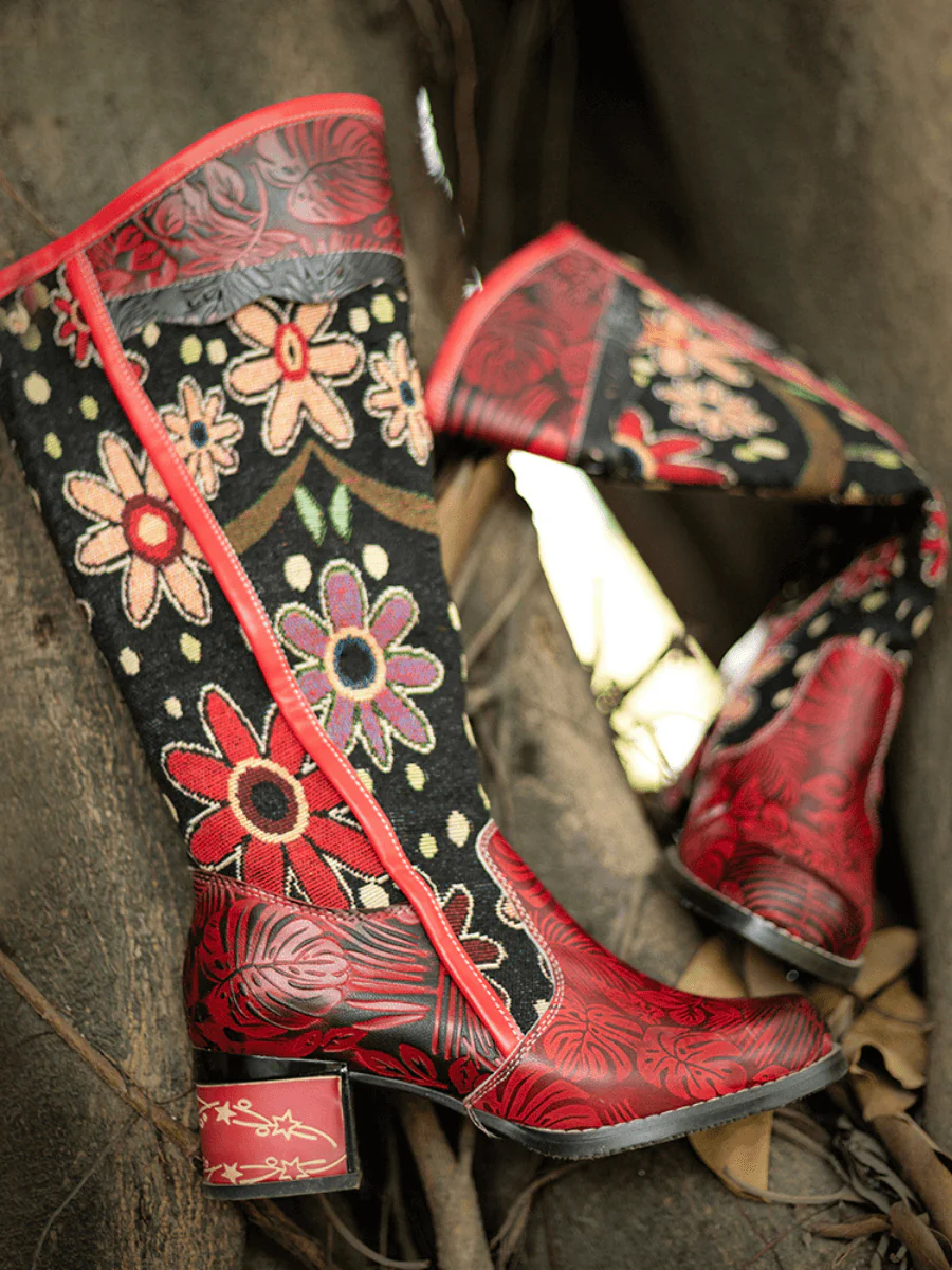 Soffia | Genuine Leather Blossom Tie-Accent Leather Knee Boots - Image 5