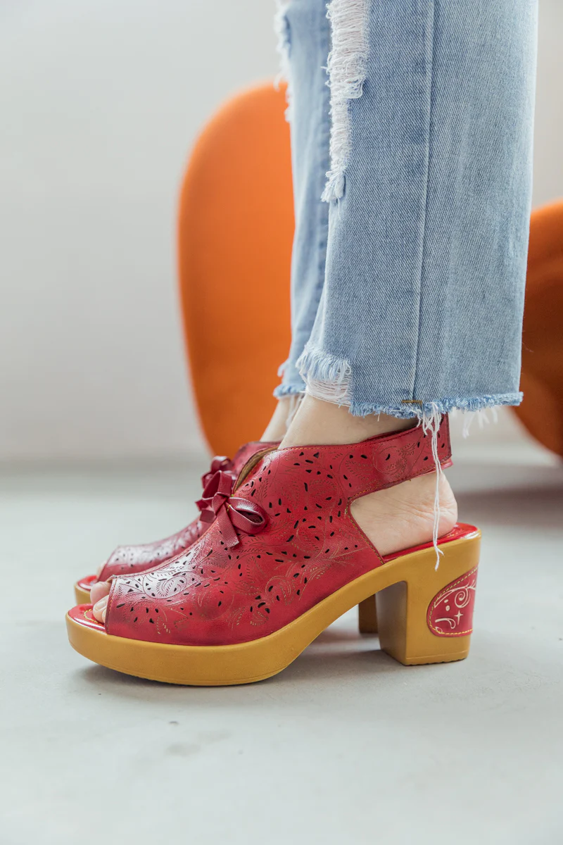 SOFFIA | RED FLORAL PERFORATED GENUINE LEATHER SANDAL - Image 3