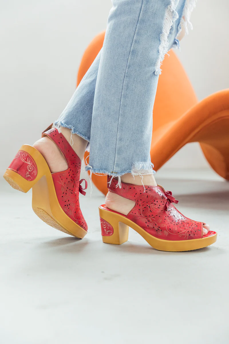 SOFFIA | RED FLORAL PERFORATED GENUINE LEATHER SANDAL - Image 4