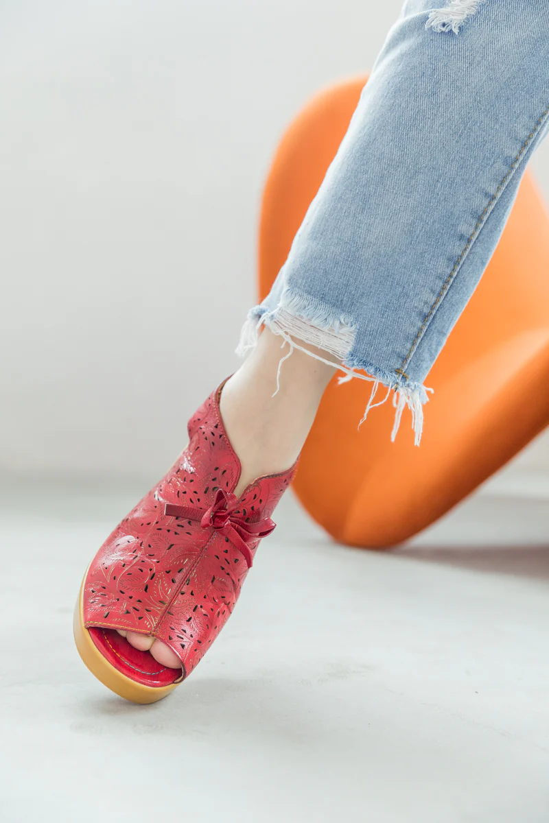 SOFFIA | RED FLORAL PERFORATED GENUINE LEATHER SANDAL - Image 5