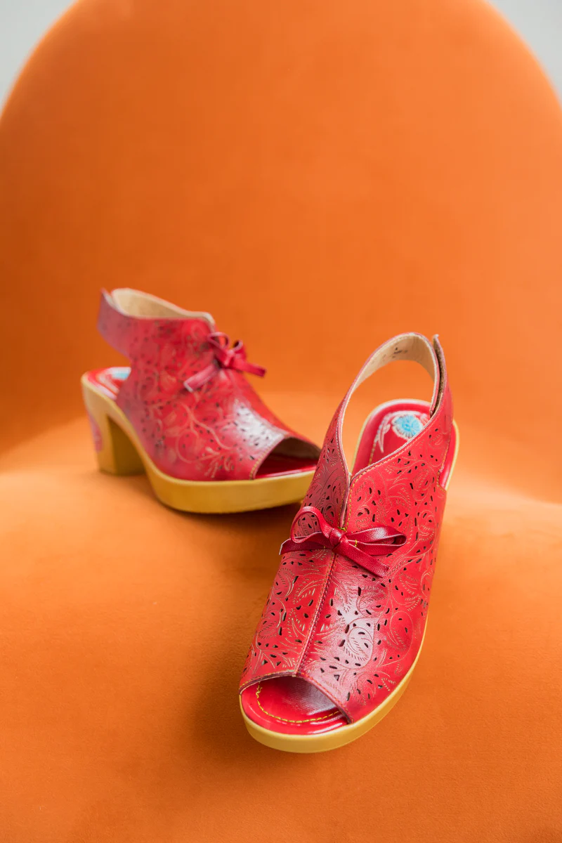 SOFFIA | RED FLORAL PERFORATED GENUINE LEATHER SANDAL - Image 6